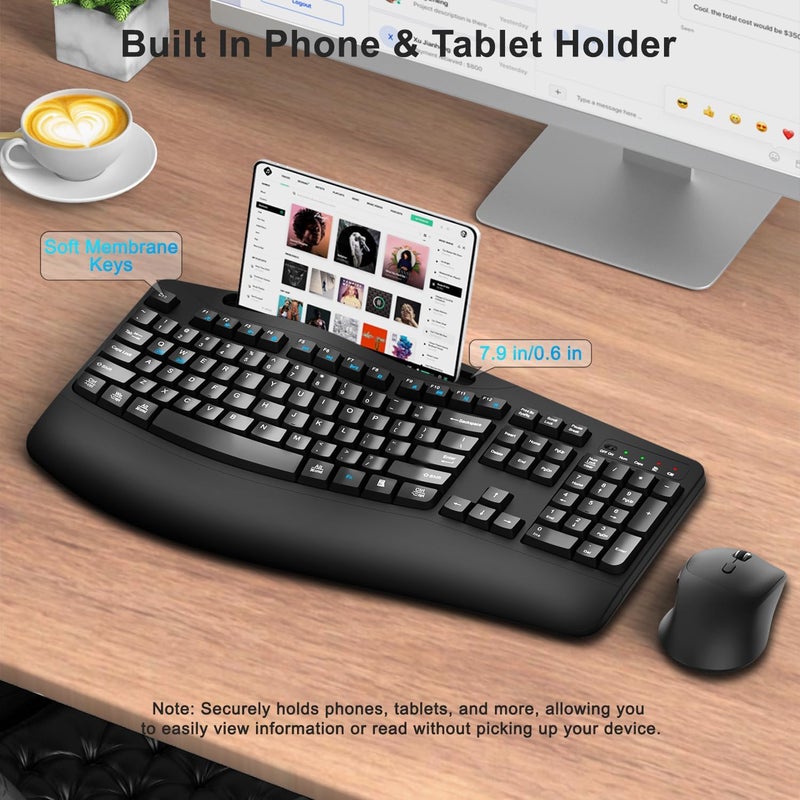 Faadar Wireless Keyboard and Mouse Combo, 2.4G Full Size Wave Keys Ergonomic Keyboard with Wrist Rest, Phone Holder, 3-Level DPI Wireless Silent Mouse with 6-Buttons, for Windows, Mac OS, Laptop, PC (Black) - Image 3